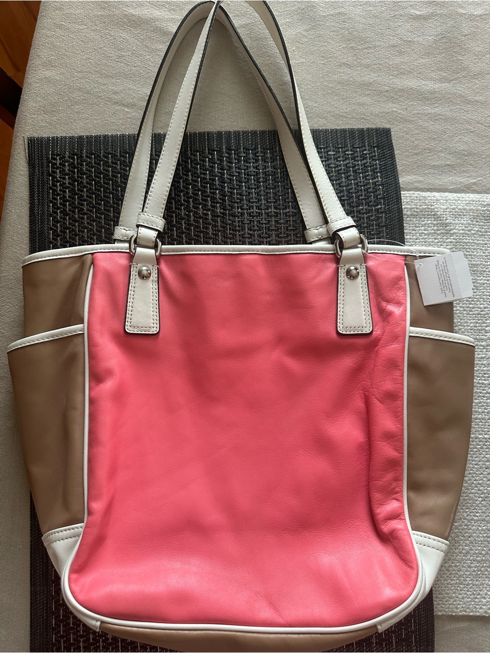 Coach Coral Pink, Taupe & White Leather Tote Shoulder Bag
